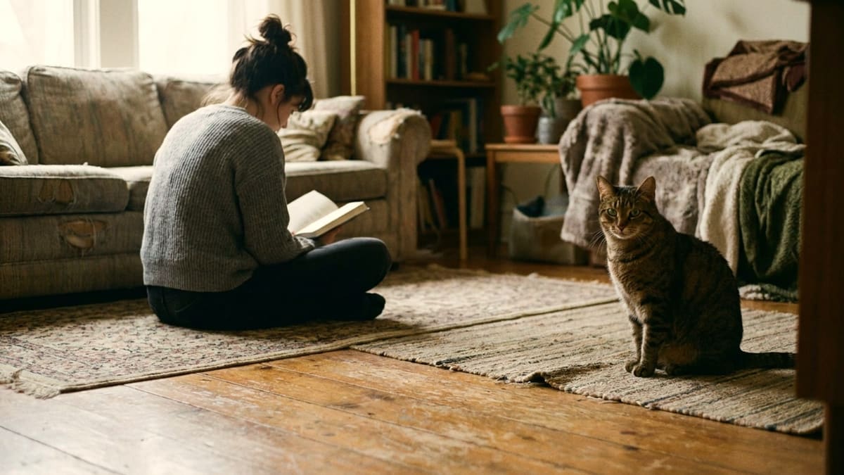 A woman sits cross-legged on a rug reading, both hands in her lap; a tabby cat sits on a rug several feet away, upright and settled, with empty floor between them.